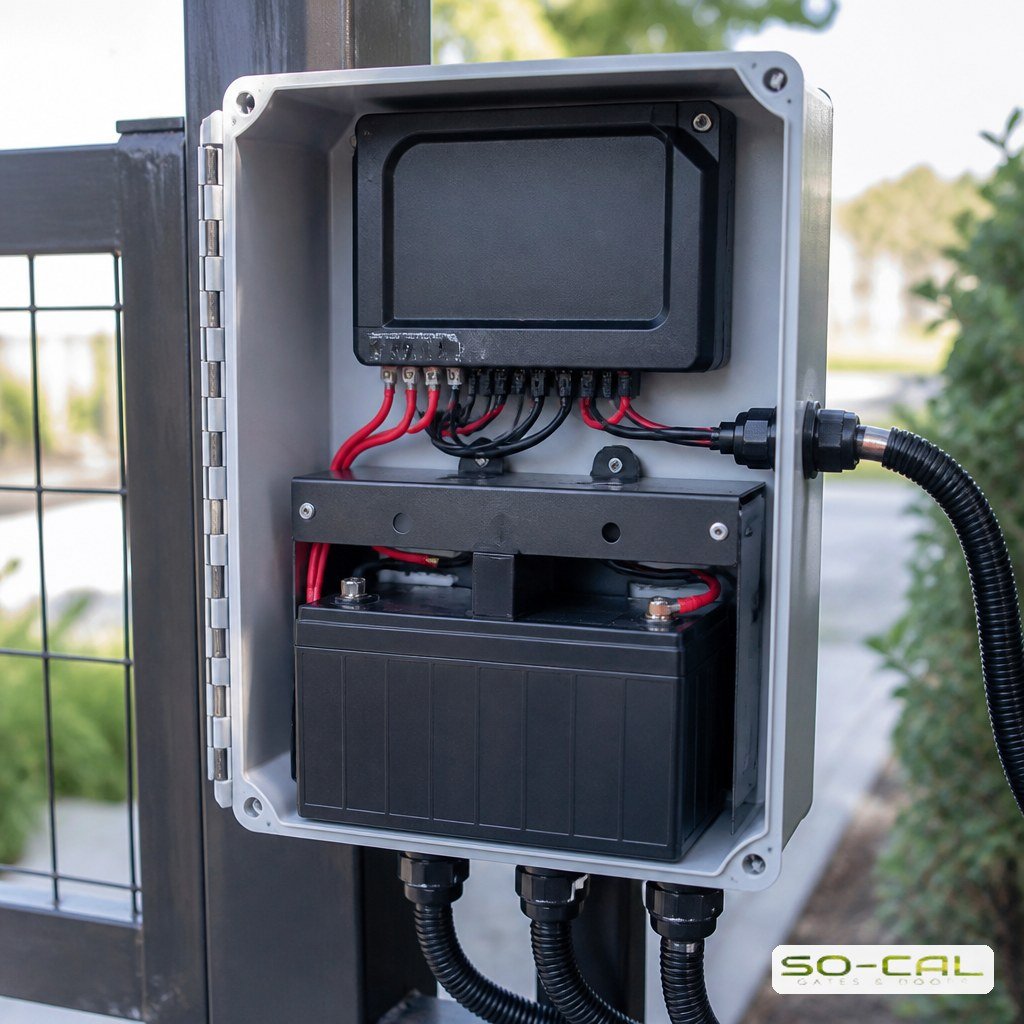 Battery and charge controller box mounted on a gate post