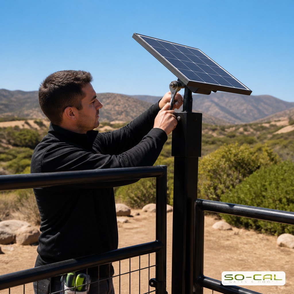 Technician adjusting the tilt angle of a gate solar panel