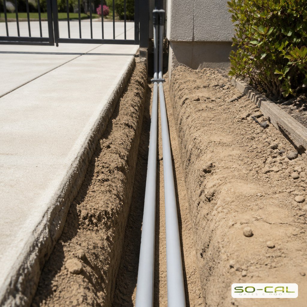 Conduit trench serving a garage door and gate installation
