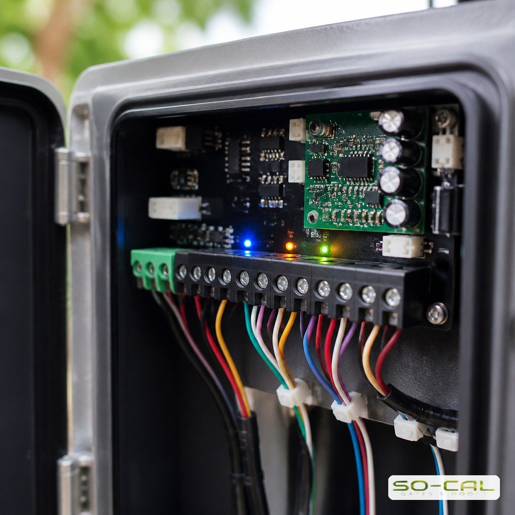 Gate operator control board terminal strip and status LEDs used to diagnose an electric gate
