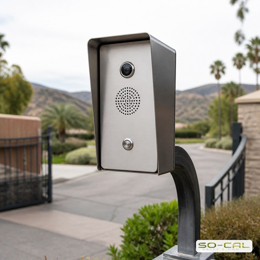Intercom call box with keypad and speaker on a pedestal at a gated driveway