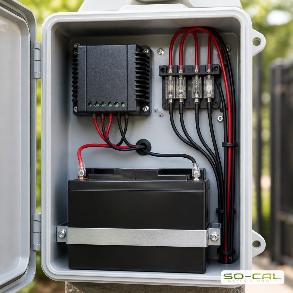 Gate operator control box with sealed battery and charge controller wiring