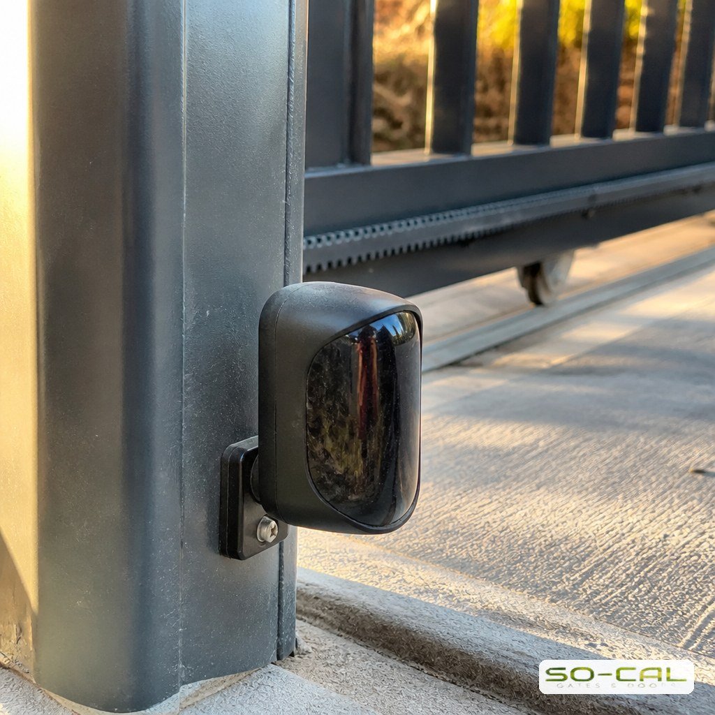 Dusty photoelectric safety eye beside a driveway gate track in the Inland Empire