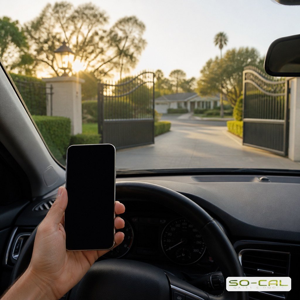 Driver using a phone app to open an automatic driveway gate