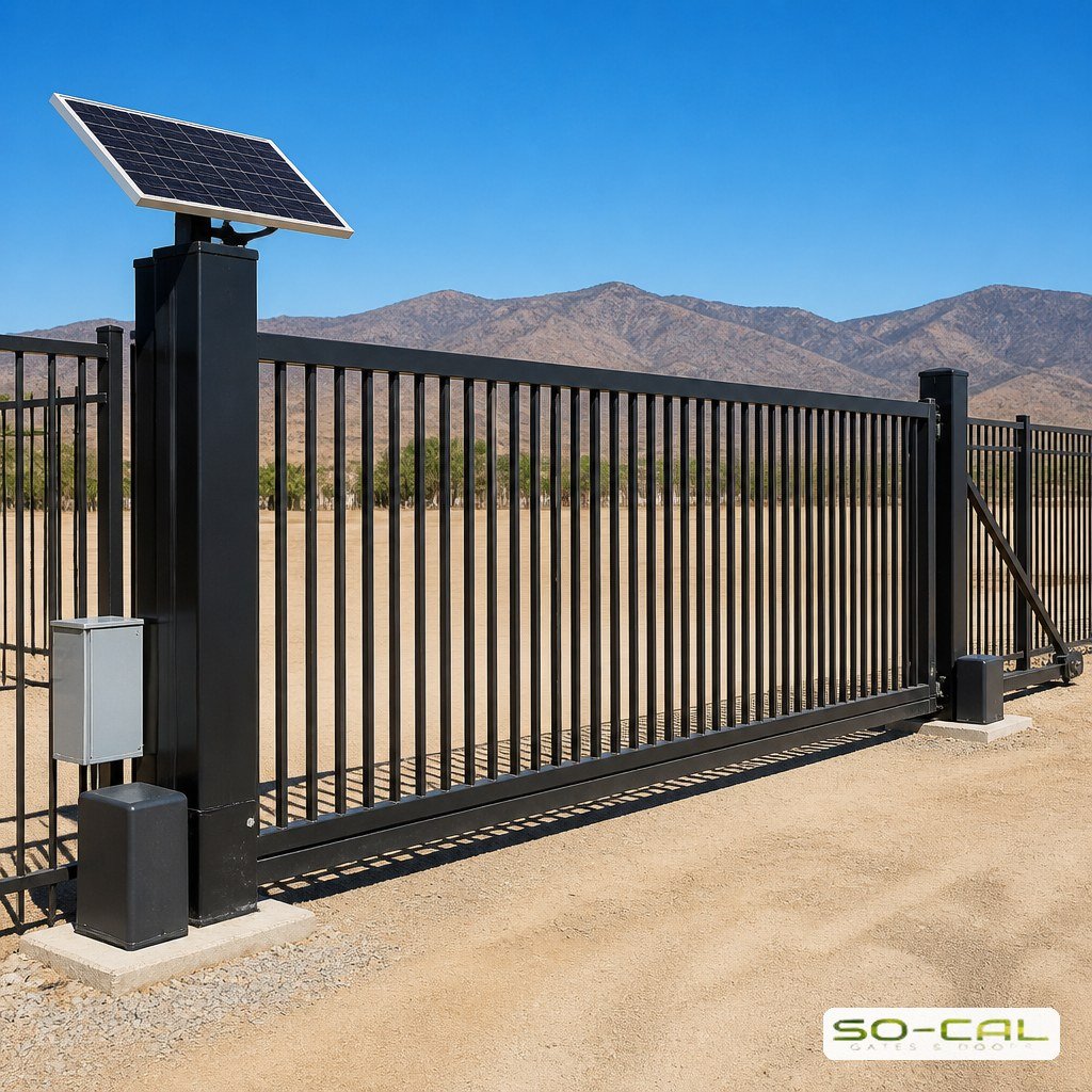 Solar panel mounted above a sliding driveway gate post in the Inland Empire